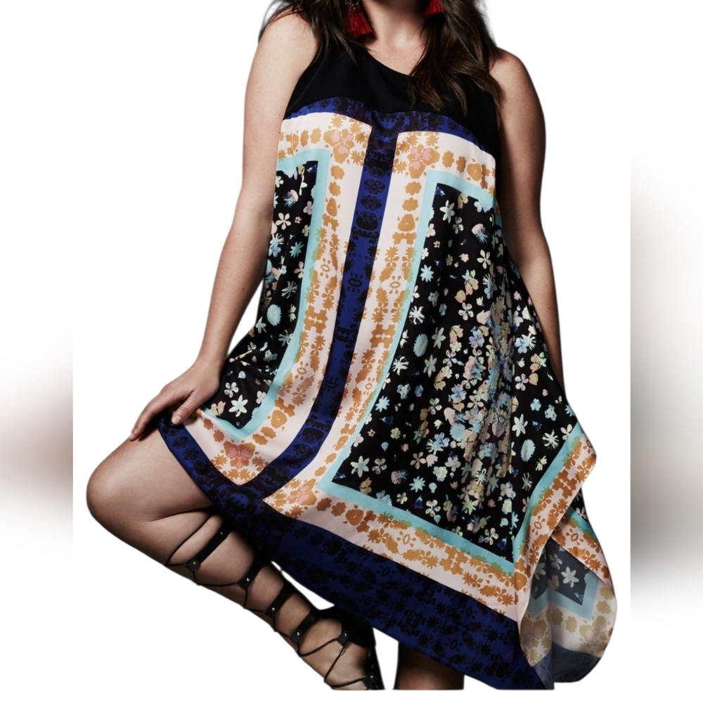 Rachel Roy Women Black Blue Assymetrical  Sleeveless Dress with Floral  Size XS